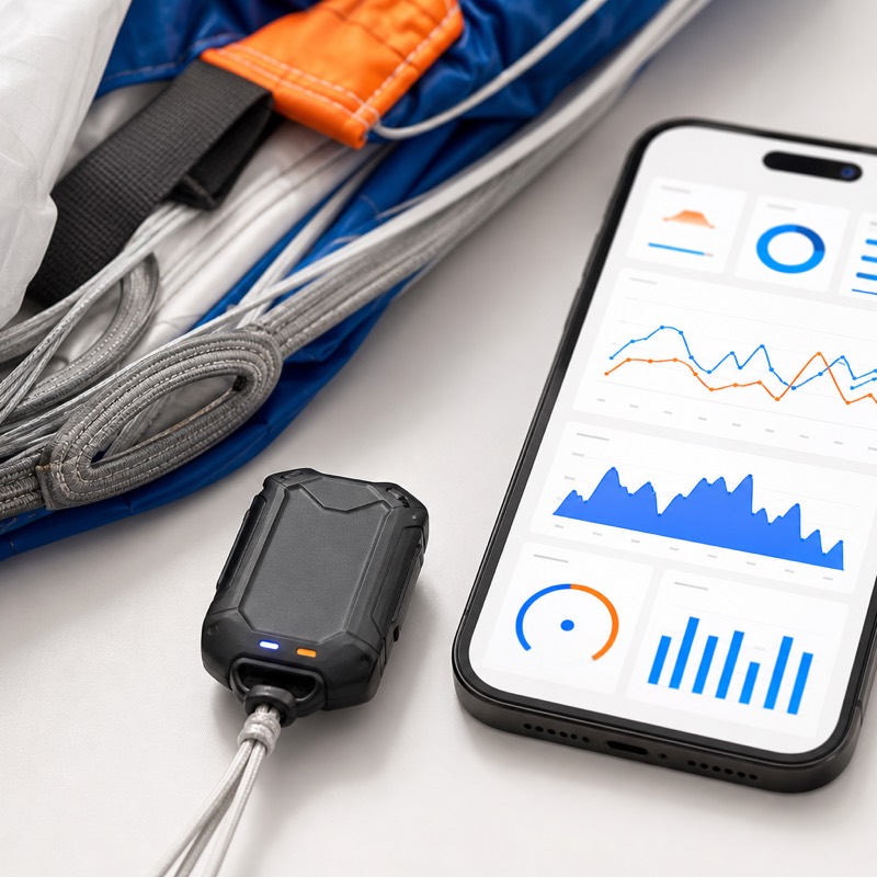 The Airguard tracker resting on packed canopy fabric beside a phone showing jump telemetry charts.