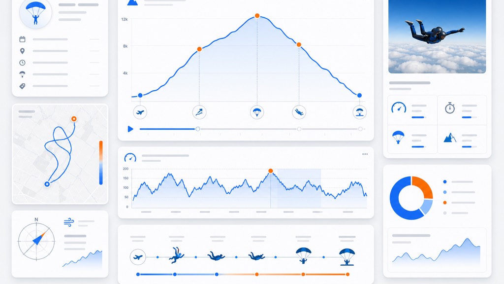 Stylised illustration of a jump: an altitude profile, a ground track, and freefall-to-canopy timeline.